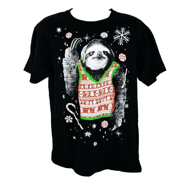 Dec 25th Christmas Sloth T Shirt Mens L Wearing Vest Funny Ugly Holiday Black - Picture 1 of 8